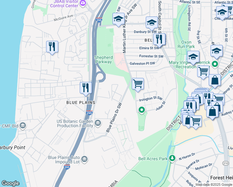 map of restaurants, bars, coffee shops, grocery stores, and more near 4665 Blue Plains Drive Southwest in Washington
