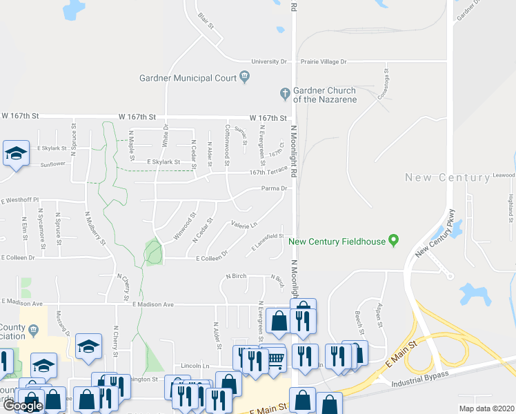 map of restaurants, bars, coffee shops, grocery stores, and more near 801 MC Caffree Circle in Gardner