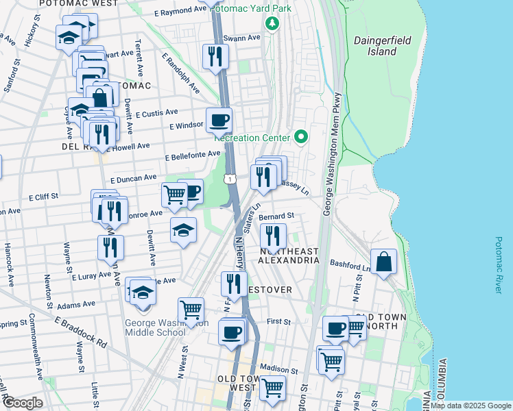 map of restaurants, bars, coffee shops, grocery stores, and more near 926 Slaters Lane in Alexandria