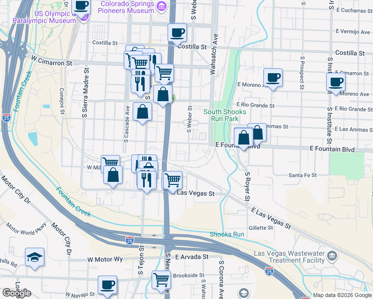 map of restaurants, bars, coffee shops, grocery stores, and more near 910 South Weber Street in Colorado Springs