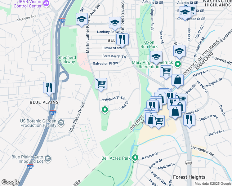 map of restaurants, bars, coffee shops, grocery stores, and more near 136 Ivanhoe Street Southwest in Washington