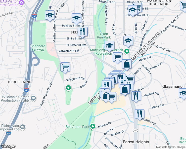 map of restaurants, bars, coffee shops, grocery stores, and more near 118 Joliet Street in Washington