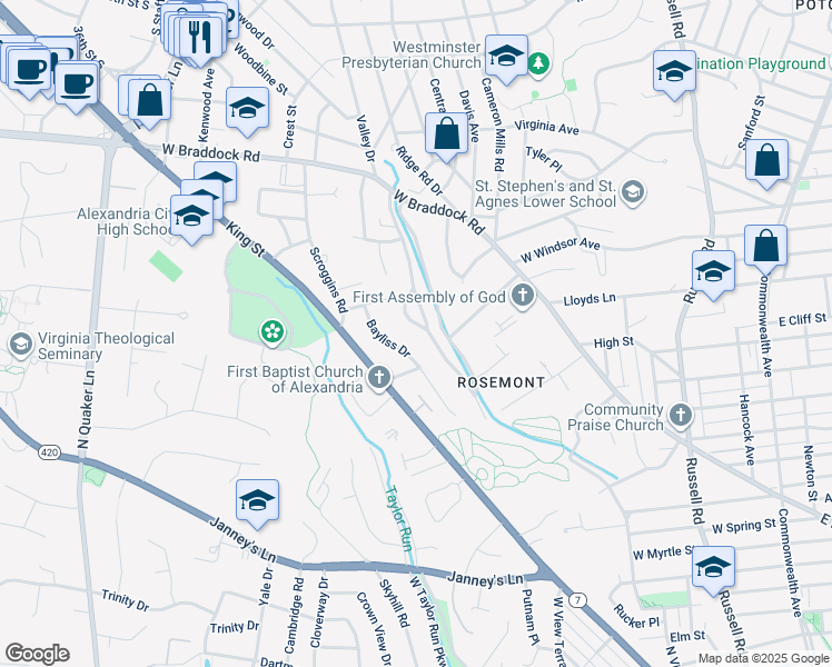 map of restaurants, bars, coffee shops, grocery stores, and more near 714 Parkway Terrace in Alexandria