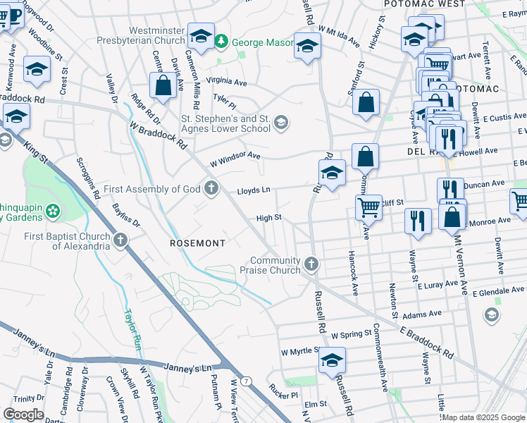 map of restaurants, bars, coffee shops, grocery stores, and more near 501 High Street in Alexandria