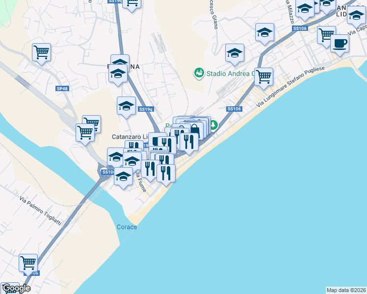 map of restaurants, bars, coffee shops, grocery stores, and more near 5 Largo Murano in Catanzaro