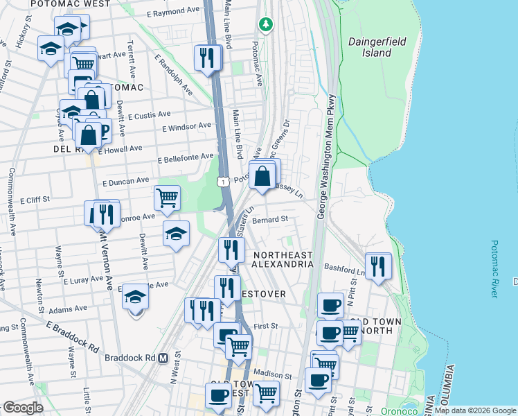 map of restaurants, bars, coffee shops, grocery stores, and more near 101 Independence Avenue Southeast in Washington