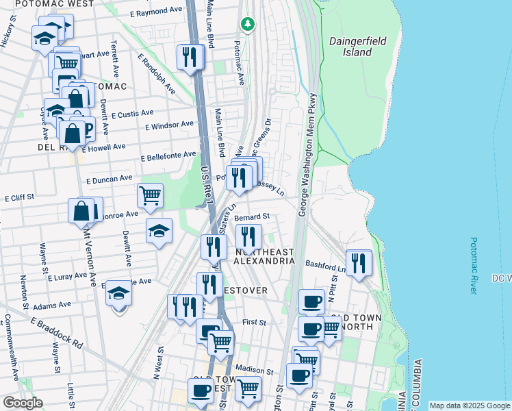 map of restaurants, bars, coffee shops, grocery stores, and more near 828 Slaters Lane in Alexandria
