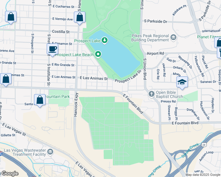 map of restaurants, bars, coffee shops, grocery stores, and more near 1430 East Fountain Boulevard in Colorado Springs