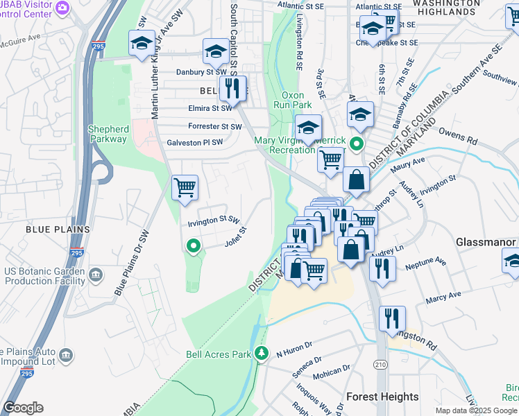 map of restaurants, bars, coffee shops, grocery stores, and more near 118 Joliet Street in Washington