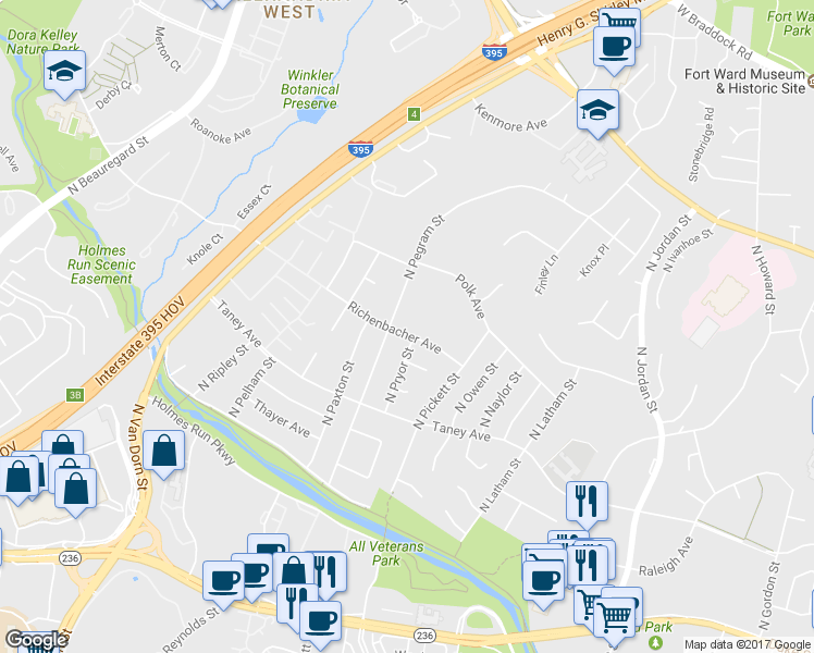 map of restaurants, bars, coffee shops, grocery stores, and more near 5103 Richenbacher Avenue in Alexandria