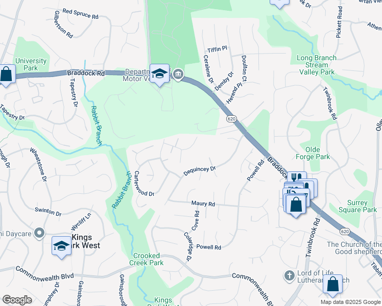 map of restaurants, bars, coffee shops, grocery stores, and more near 9707 Banting Drive in Fairfax