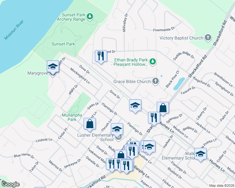 map of restaurants, bars, coffee shops, grocery stores, and more near 2325 Dove Drive in Florissant