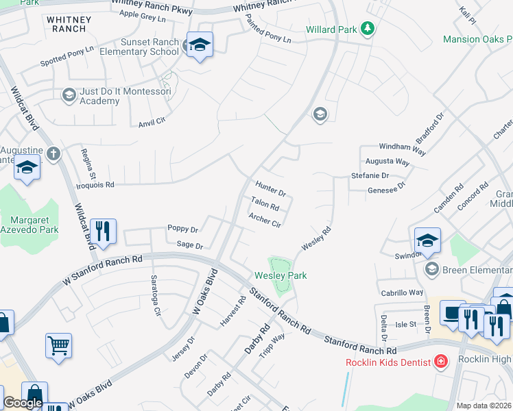 map of restaurants, bars, coffee shops, grocery stores, and more near 1821 Talon Road in Rocklin