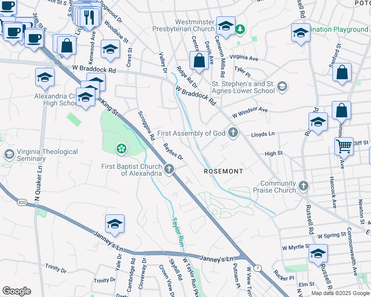 map of restaurants, bars, coffee shops, grocery stores, and more near 714 Parkway Terrace in Alexandria
