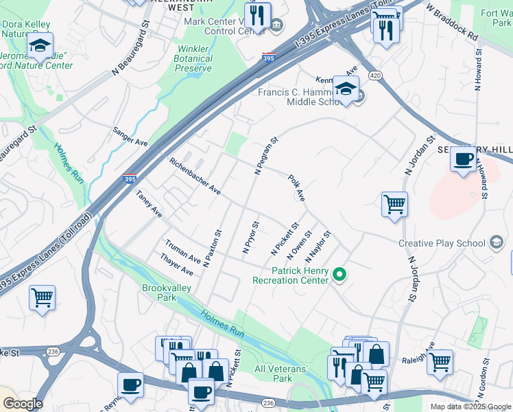 map of restaurants, bars, coffee shops, grocery stores, and more near 5103 Richenbacher Avenue in Alexandria