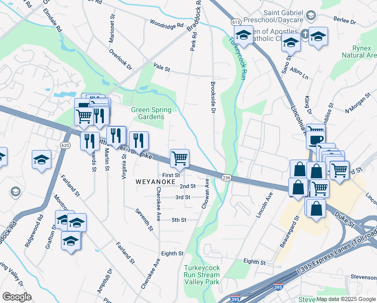 map of restaurants, bars, coffee shops, grocery stores, and more near 4707 Autumn Cove Court in Alexandria