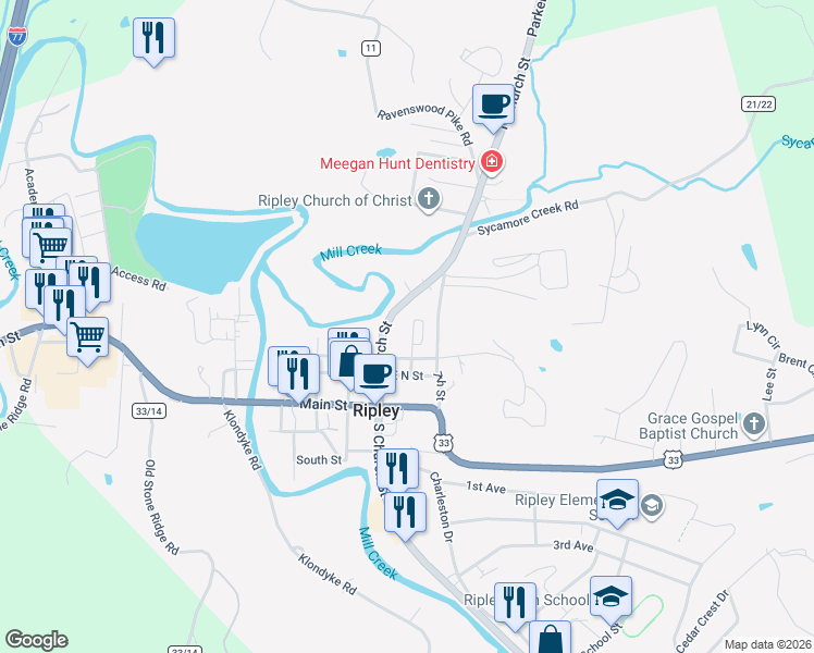 map of restaurants, bars, coffee shops, grocery stores, and more near 312 6th St in Ripley