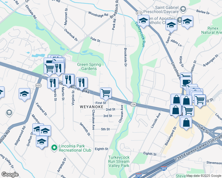 map of restaurants, bars, coffee shops, grocery stores, and more near 4707 Autumn Cove Court in Alexandria