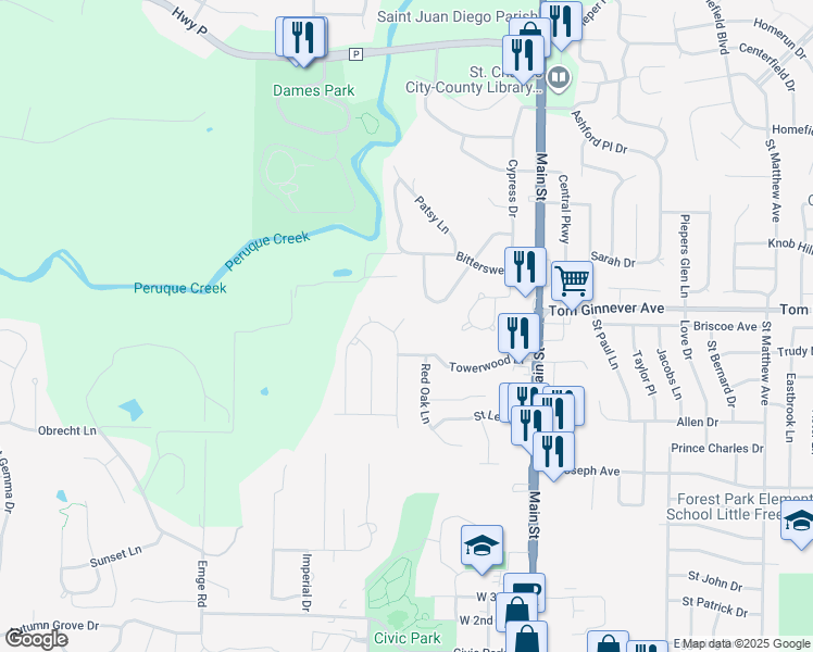 map of restaurants, bars, coffee shops, grocery stores, and more near 2 Hattie Drive in O'Fallon