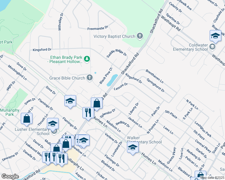 map of restaurants, bars, coffee shops, grocery stores, and more near 1690 Leisure Drive in Florissant