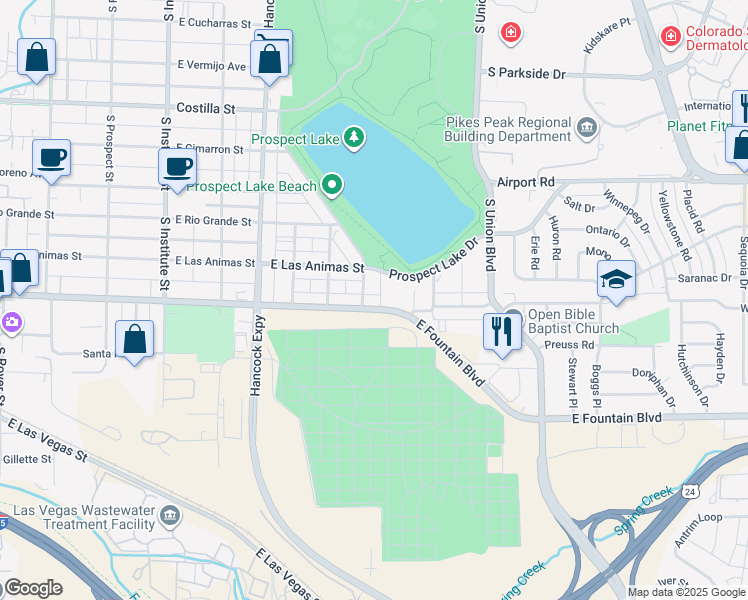 map of restaurants, bars, coffee shops, grocery stores, and more near 1430 East Fountain Boulevard in Colorado Springs