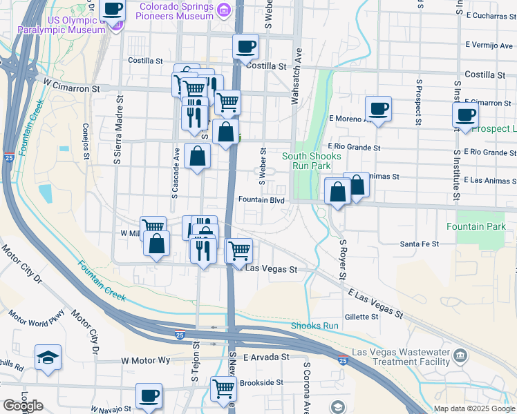 map of restaurants, bars, coffee shops, grocery stores, and more near 320 Victoria Street in Colorado Springs