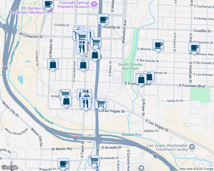 map of restaurants, bars, coffee shops, grocery stores, and more near 215 East Fountain Boulevard in Colorado Springs