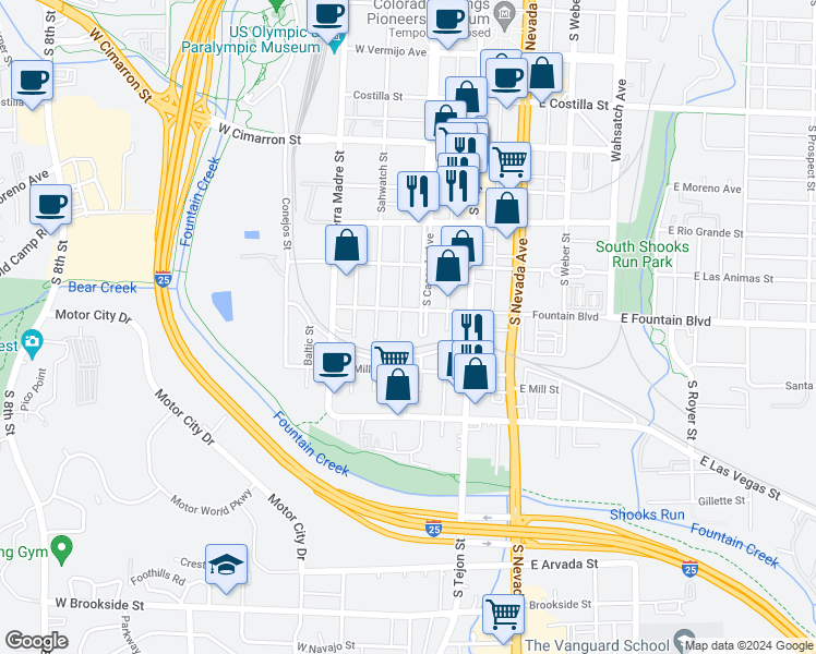 map of restaurants, bars, coffee shops, grocery stores, and more near 903 South Cascade Avenue in Colorado Springs