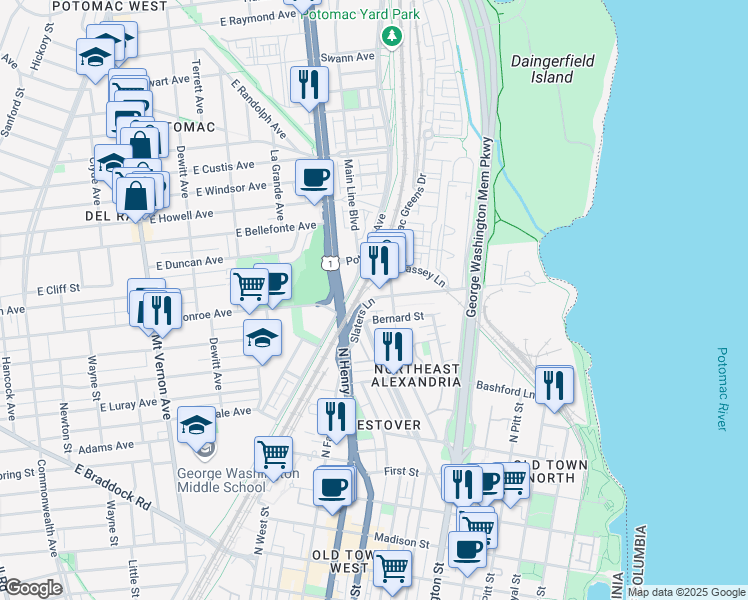 map of restaurants, bars, coffee shops, grocery stores, and more near 101 Independence Avenue Southeast in Washington