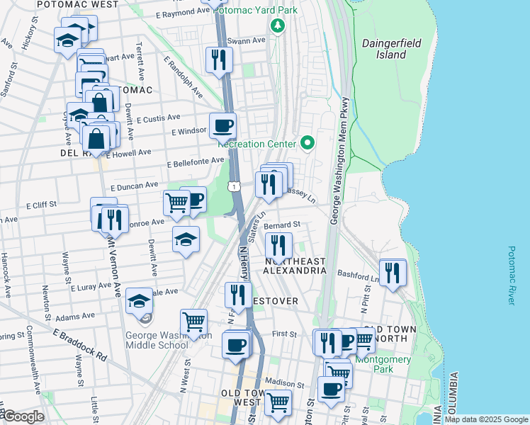 map of restaurants, bars, coffee shops, grocery stores, and more near 920 Slaters Lane in Alexandria