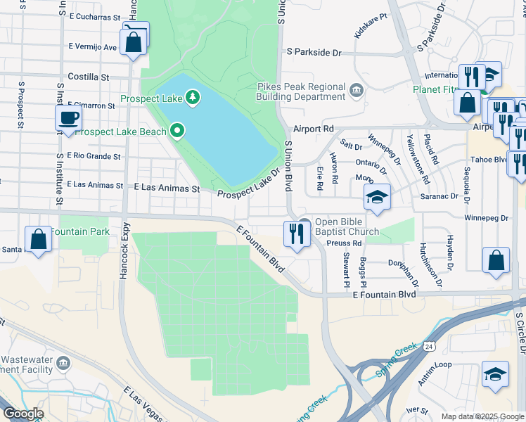 map of restaurants, bars, coffee shops, grocery stores, and more near 828 Fountain Court in Colorado Springs
