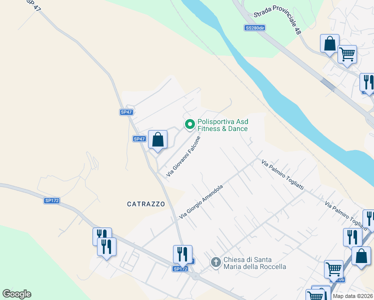 map of restaurants, bars, coffee shops, grocery stores, and more near 39 Via Giovanni Falcone in Provincia di Catanzaro