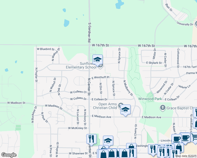 map of restaurants, bars, coffee shops, grocery stores, and more near 626 North Elm Street in Gardner