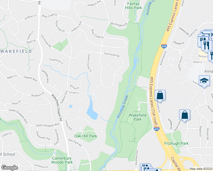 map of restaurants, bars, coffee shops, grocery stores, and more near 4711 Duncan Drive in Annandale