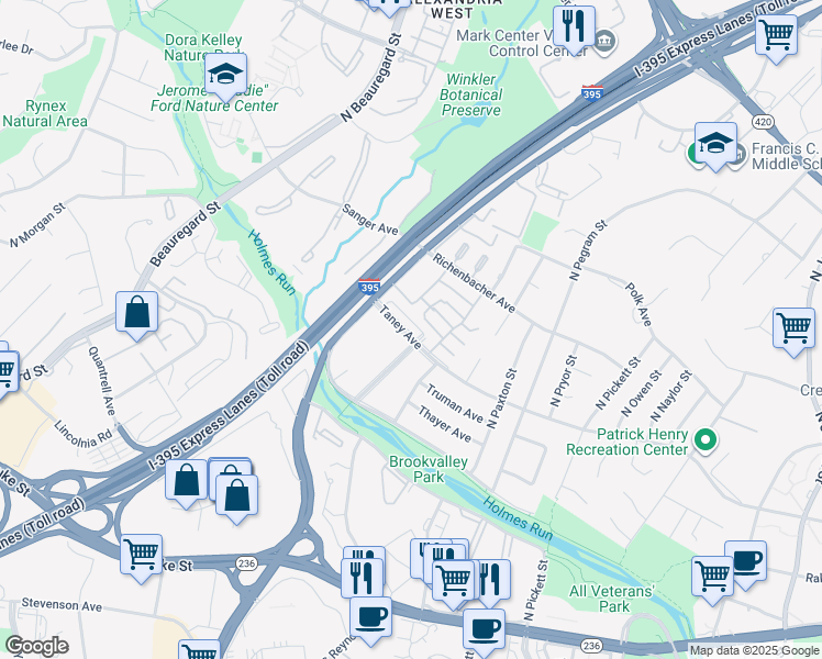 map of restaurants, bars, coffee shops, grocery stores, and more near 5411 Taney Avenue in Alexandria