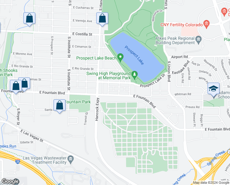 map of restaurants, bars, coffee shops, grocery stores, and more near 1214 East Fountain Boulevard in Colorado Springs