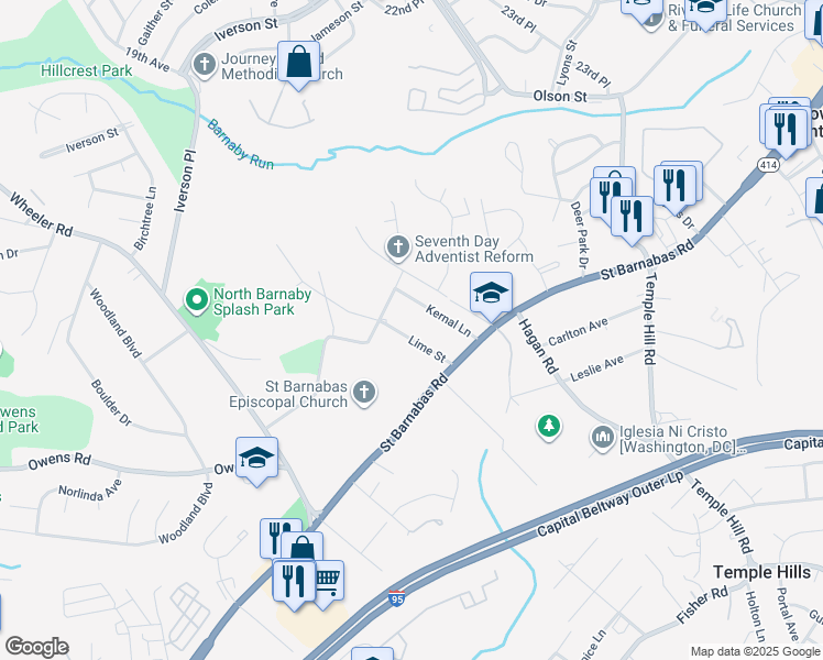 map of restaurants, bars, coffee shops, grocery stores, and more near 2808 Lime Street in Temple Hills