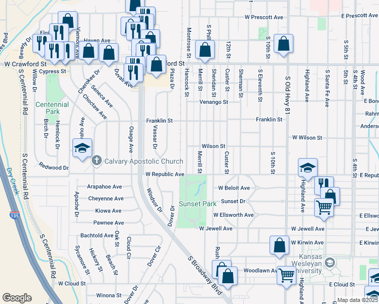 map of restaurants, bars, coffee shops, grocery stores, and more near 902 Hancock Street in Salina