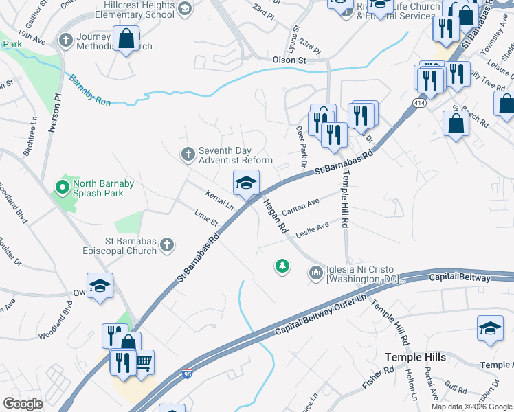 map of restaurants, bars, coffee shops, grocery stores, and more near 4914 Saint Barnabas Road in Temple Hills