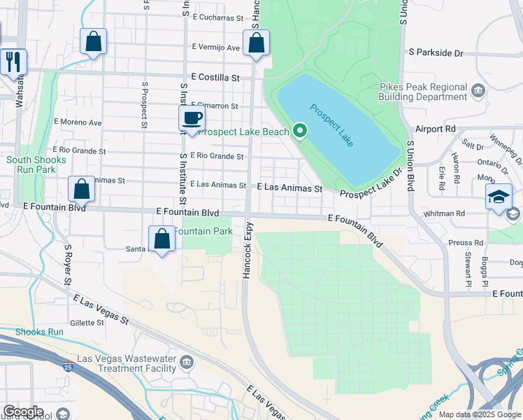 map of restaurants, bars, coffee shops, grocery stores, and more near 1116 East Fountain Boulevard in Colorado Springs