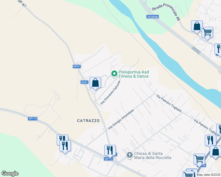 map of restaurants, bars, coffee shops, grocery stores, and more near 39 Via Giovanni Falcone in Provincia di Catanzaro