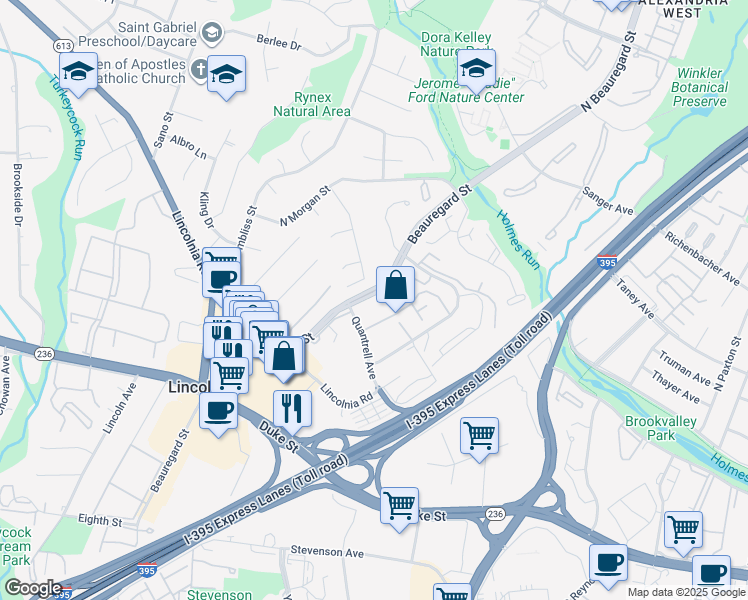 map of restaurants, bars, coffee shops, grocery stores, and more near 407 North Beauregard Street in Alexandria
