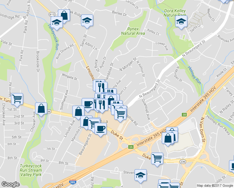 map of restaurants, bars, coffee shops, grocery stores, and more near 4708 Barnum Lane in Alexandria