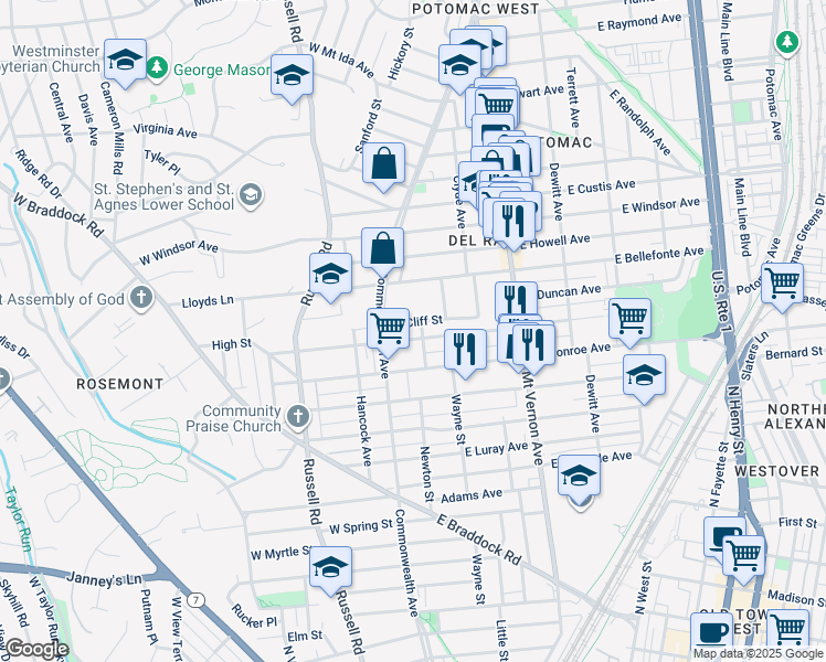 map of restaurants, bars, coffee shops, grocery stores, and more near 14 East Mason Avenue in Alexandria