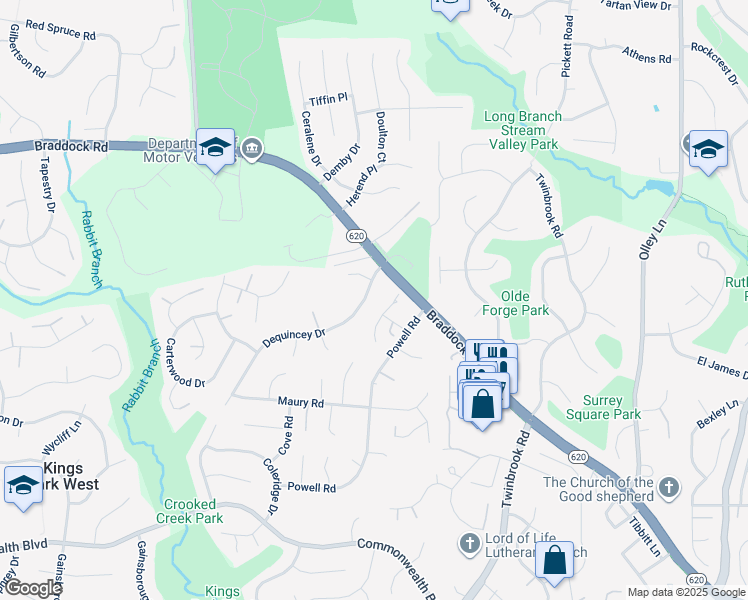 map of restaurants, bars, coffee shops, grocery stores, and more near 4983 Dequincey Drive in Fairfax
