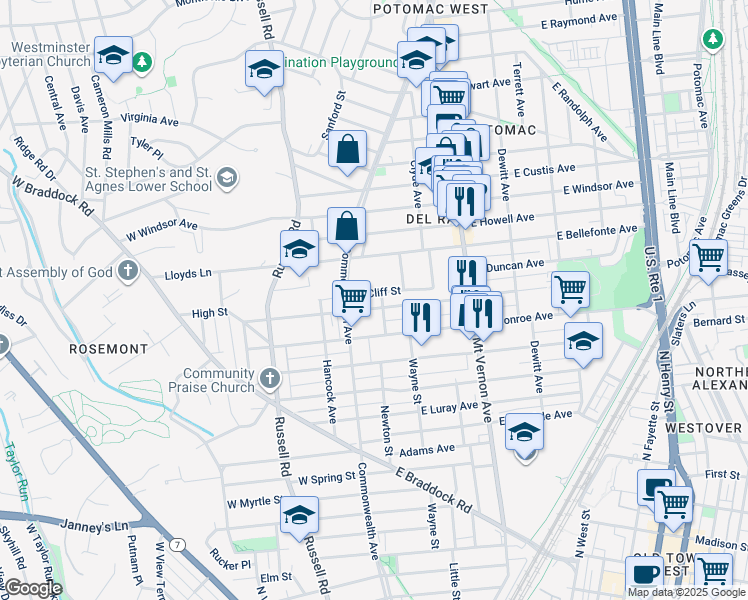map of restaurants, bars, coffee shops, grocery stores, and more near 14 East Mason Avenue in Alexandria