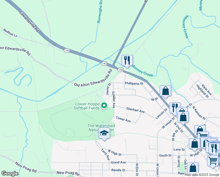 map of restaurants, bars, coffee shops, grocery stores, and more near 1511 Schiller Avenue in Edwardsville