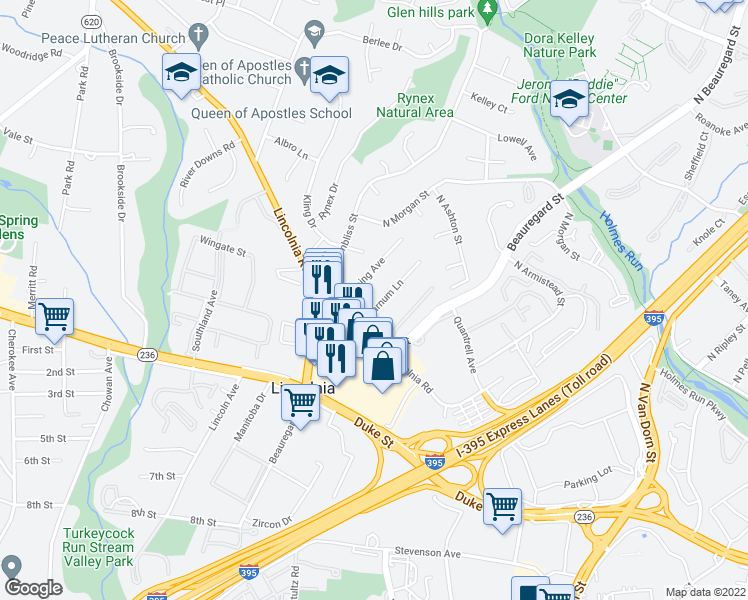 map of restaurants, bars, coffee shops, grocery stores, and more near 4708 Barnum Lane in Alexandria
