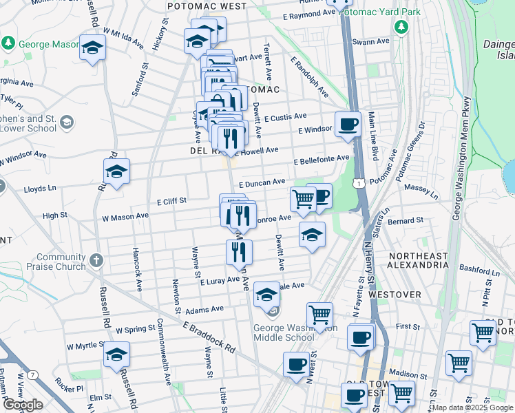 map of restaurants, bars, coffee shops, grocery stores, and more near 327 East Mason Avenue in Alexandria