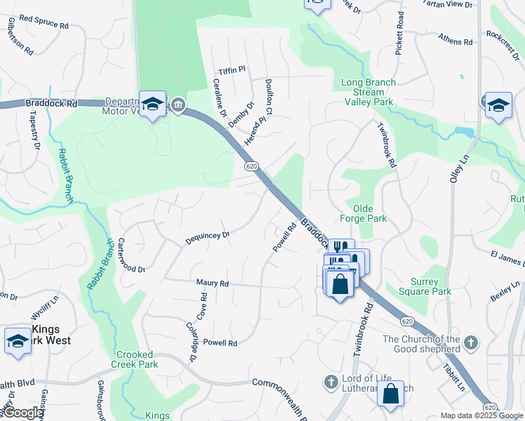 map of restaurants, bars, coffee shops, grocery stores, and more near 4983 Dequincey Drive in Fairfax
